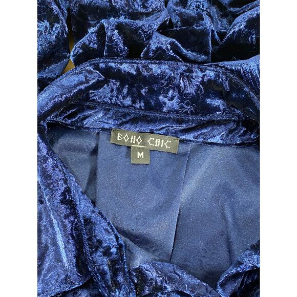 Boho Chic Velvet Hippie Tunic Womens M Raised Print Royal Blue Flare Sleeve - Picture 2 of 8